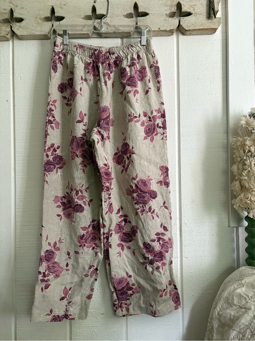 Vintage Floral Linen Blend Wide-Leg Pants in Mauve Floral on Natural Made in USA